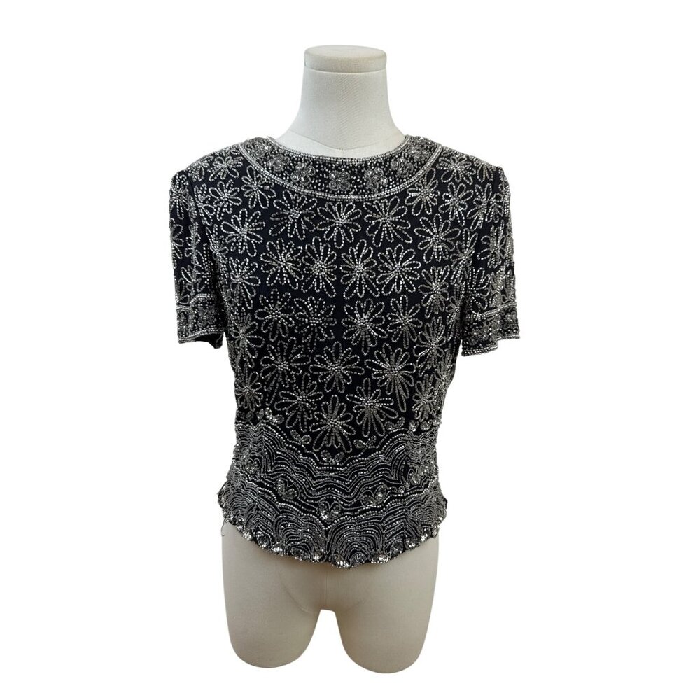Papell Boutique Evening Black & Silver Beaded Silk Top Short Sleeve Floral Sz S